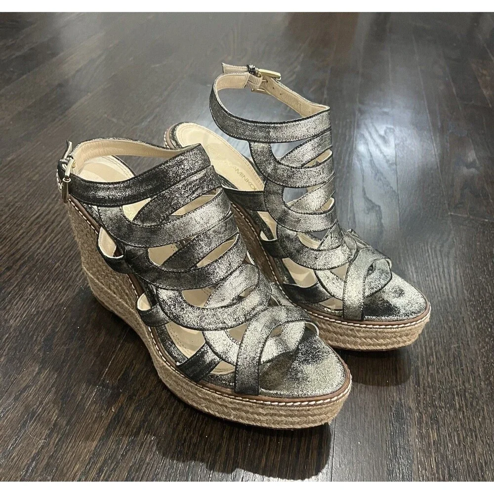 Rebecca Minkoff‎ Sandals Women's 9.5 B Gold Platform Espadrille Strappy Wedge